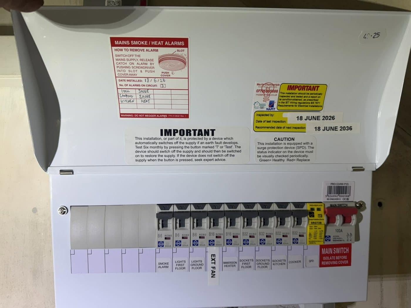 Consumer unit fitted alongside mains smoke and heat alarm certification